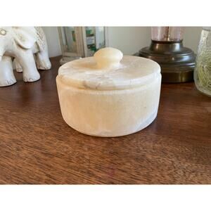 Vintage Egyptian Alabaster Lidded Bowl Hand Carved Stone Trinket Dish 5” Round